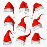 Santa Claus hats. Christmas red hat, xmas furry headdress and winter holidays head wear decoration 3D vector set