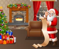 Santa Claus reading a long list of gifts in the living room royalty free illustration Santa Claus reading a long list of gifts in the living room royalty free illustration