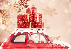 Santa Claus on a red car full of Christmas present with snowflakes background drives to deliver stock photos Santa Claus on a red car full of Christmas present with snowflakes background drives to deliver stock photos