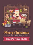 Santa Claus sitting at the desk in his workshop making toys for kids. Christmas flat illustration card vector illustration Santa Claus sitting at the desk in his workshop making toys for kids. Christmas flat illustration card vector illustration