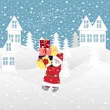 Santa Claus trägt Geschenke auf einem schneebedeckten Dorf vektor abbildung Santa Claus trägt Geschenke auf einem schneebedeckten Dorf vektor abbildung