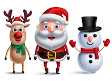 Santa claus vector character with snowman and rudolph the reindeer