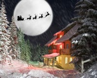 Santa y sus renos que montan contra la luna stock de ilustración Santa y sus renos que montan contra la luna stock de ilustración