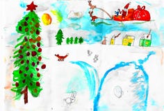 Santa με τα deers, την αλεπού, το χιόνι και το χριστουγεννιάτικο δέντρο, σχέδιο παιδιών ελεύθερη απεικόνιση δικαιώματος Santa με τα deers, την αλεπού, το χιόνι και το χριστουγεννιάτικο δέντρο, σχέδιο παιδιών ελεύθερη απεικόνιση δικαιώματος