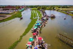 Saphan Khong Floating Market,Song Phi Nong District,Suphanburi,Thailand on December 15,2018:Bird`s-eye view of the market seen fro royalty free stock image Saphan Khong Floating Market,Song Phi Nong District,Suphanburi,Thailand on December 15,2018:Bird`s-eye view of the market seen fro royalty free stock image