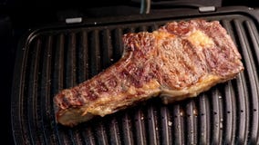 Sappig die stuk van rundvleeslapje vlees op een grill met kruiden wordt gekruid stock videobeelden Sappig die stuk van rundvleeslapje vlees op een grill met kruiden wordt gekruid stock videobeelden