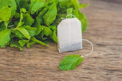 Saquinhos de chá no fundo de madeira com melissa fresco, hortelã Chá com foto de stock Saquinhos de chá no fundo de madeira com melissa fresco, hortelã Chá com foto de stock