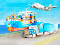 Sattelschleppertraktor-LKW-Stellung des Aquarells blaue auf dem Ufer auf der Straße nahe dem blauen Frachtcontainerschiff auf dem lizenzfreie abbildung Sattelschleppertraktor-LKW-Stellung des Aquarells blaue auf dem Ufer auf der Straße nahe dem blauen Frachtcontainerschiff auf dem lizenzfreie abbildung
