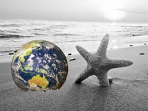 Save the Earth, Computer generated Earth like planet on a beach. Wave crushing in the background. Concept suitable for environment royalty free illustration Save the Earth, Computer generated Earth like planet on a beach. Wave crushing in the background. Concept suitable for environment royalty free illustration