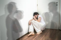 Scared And Frightened Man Has Hallucinations And Sees Ghosts Stock Photo Scared And Frightened Man Has Hallucinations And Sees Ghosts Stock Photo