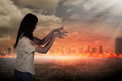Scary Female Zombie With Burning City Background Stock Photo Scary Female Zombie With Burning City Background Stock Photo