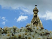 Scene in a cemetery: a golden statue of Our Lady and a blurred bouquet of small daisies. stock images Scene in a cemetery: a golden statue of Our Lady and a blurred bouquet of small daisies. stock images