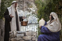 Scene of Jesus life. Jesus meets the Samaritan royalty free stock photo Scene of Jesus life. Jesus meets the Samaritan royalty free stock photo