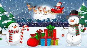 Scene With Santa And Snowman On Christmas Night Royalty Free Stock Image