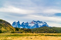 Scenic view of beautiful Cuernos del Paine mountains in Torres del Paine National Park stock photography Scenic view of beautiful Cuernos del Paine mountains in Torres del Paine National Park stock photography