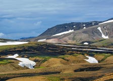 Multicolored rhyolite mountains in active geothermal area Jokultungur, Laugavegur trail, near Landmannalaugar, Fjallabak Nature royalty free stock image Multicolored rhyolite mountains in active geothermal area Jokultungur, Laugavegur trail, near Landmannalaugar, Fjallabak Nature royalty free stock image