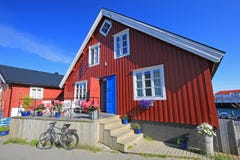 Scenic view of colorful wooden rorbu houses, Henningsvaer, Lofoten Islands, Scandinavia, Norway. royalty free stock photography Scenic view of colorful wooden rorbu houses, Henningsvaer, Lofoten Islands, Scandinavia, Norway. royalty free stock photography