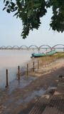 Scenic wide view of arch railway bridge on a river. stock images Scenic wide view of arch railway bridge on a river. stock images