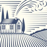 Scenisk antik teckning för Retro för landskapvektorillustration för lantgård bygd för hus åkerbruk grafisk royaltyfri illustrationer Scenisk antik teckning för Retro för landskapvektorillustration för lantgård bygd för hus åkerbruk grafisk royaltyfri illustrationer