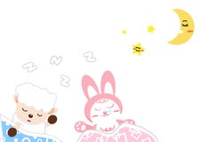 Schapen en konijnbeeldverhaalslaap onder maan en sterren, goede nig vector illustratie Schapen en konijnbeeldverhaalslaap onder maan en sterren, goede nig vector illustratie