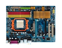 Scheda madre in blu con il PCI delle scanalature, AGP, RDT, dissipatore di calore visibile del CPU Vista da sopra fotografia stock libera da diritti Scheda madre in blu con il PCI delle scanalature, AGP, RDT, dissipatore di calore visibile del CPU Vista da sopra fotografia stock libera da diritti
