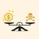 Schedel en Geld op Twee Pan Balance Vectorconcept keus in de schalen van geld of dood Geïsoleerde illustratie stock illustratie Schedel en Geld op Twee Pan Balance Vectorconcept keus in de schalen van geld of dood Geïsoleerde illustratie stock illustratie
