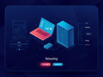 Schema della rete isometrico, dello scambio dei dati, dati di trasferimento dal computer al server, Internet che fornisce, critto illustrazione vettoriale Schema della rete isometrico, dello scambio dei dati, dati di trasferimento dal computer al server, Internet che fornisce, critto illustrazione vettoriale
