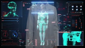 Schermo digitale commovente di medico femminile, corpo d'esplorazione del cyborg del robot nell'interfaccia digitale Intelligenza video d archivio Schermo digitale commovente di medico femminile, corpo d'esplorazione del cyborg del robot nell'interfaccia digitale Intelligenza video d archivio