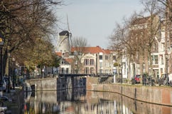 Schiedam Canal, Sluice And Windmill Royalty Free Stock Photos