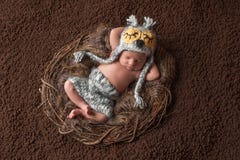 Schlafendes neugeborenes Baby, das Owl Hat trägt lizenzfreie stockfotografie Schlafendes neugeborenes Baby, das Owl Hat trägt lizenzfreie stockfotografie