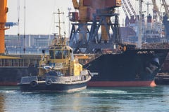 Schlepper am Bogen des Frachtschiffs, das Schiff unterstützend, um zu manövrieren lizenzfreie stockbilder Schlepper am Bogen des Frachtschiffs, das Schiff unterstützend, um zu manövrieren lizenzfreie stockbilder