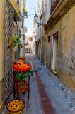 Schmale Straße in der mittelalterlichen italienischen Stadt lizenzfreie stockfotografie Schmale Straße in der mittelalterlichen italienischen Stadt lizenzfreie stockfotografie