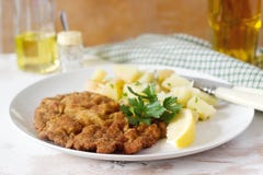 Schnitzel που εξυπηρετείται με τη σαλάτα πατατών, λεμόνι Παραδοσιακά αυστριακά τρόφιμα στοκ εικόνες Schnitzel που εξυπηρετείται με τη σαλάτα πατατών, λεμόνι Παραδοσιακά αυστριακά τρόφιμα στοκ εικόνες