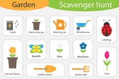 Schnitzeljagd, Gartenthema, verschiedene bunte Bilder für Kinder, Spaßausbildungs-Suchspiel für Kinder, Entwicklung für stock abbildung Schnitzeljagd, Gartenthema, verschiedene bunte Bilder für Kinder, Spaßausbildungs-Suchspiel für Kinder, Entwicklung für stock abbildung