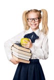 School Child, Happy Girl in Glasses Holding Books and Apple, White Royalty Free Stock Photos School Child, Happy Girl in Glasses Holding Books and Apple, White Royalty Free Stock Photos