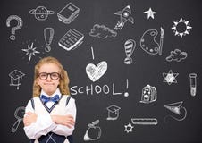 School girl and I love school Education drawing on blackboard royalty free stock image School girl and I love school Education drawing on blackboard royalty free stock image