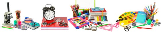School supplies isolated on a white background. Free space for text. School sale. Wide photo. Panoramic collage