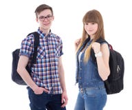 Schoolconcept - knappe tiener en mooi meisje met bedelaars stock foto Schoolconcept - knappe tiener en mooi meisje met bedelaars stock foto