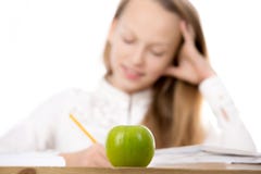 Schoolgirl with apple royalty free stock photography Schoolgirl with apple royalty free stock photography