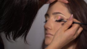Schoonheidszaal Het jonge mooie meisjesmodel zit als voorzitter De make-upkunstenaar maakt meisjesmake-up Brunette in een schoonh stock videobeelden Schoonheidszaal Het jonge mooie meisjesmodel zit als voorzitter De make-upkunstenaar maakt meisjesmake-up Brunette in een schoonh stock videobeelden