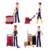 Schoonmakende de dienstjongen met stofzuiger, vloerwasmachine, karretje Stock Fotografie Schoonmakende de dienstjongen met stofzuiger, vloerwasmachine, karretje Stock Fotografie