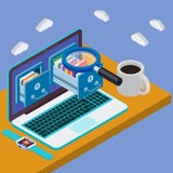 Schreibtisch mit Laptop 3d Datenbankspeicherserver vektor abbildung Schreibtisch mit Laptop 3d Datenbankspeicherserver vektor abbildung