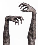 Schwarze Hand des Todes, absolut gehen, Zombiethema, Halloween-Thema, Zombiehände, weißer Hintergrund, Mamahände Lizenzfreies Stockbild Schwarze Hand des Todes, absolut gehen, Zombiethema, Halloween-Thema, Zombiehände, weißer Hintergrund, Mamahände Lizenzfreies Stockbild