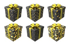 Schwarzes und Goldgeschenkboxen lokalisiert auf weißem Hintergrund mit Goldbögen und -bändern lizenzfreie abbildung Schwarzes und Goldgeschenkboxen lokalisiert auf weißem Hintergrund mit Goldbögen und -bändern lizenzfreie abbildung