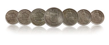 Schweizer Münzsilber der Schweiz lokalisiert auf weißem Hintergrund stockfotos Schweizer Münzsilber der Schweiz lokalisiert auf weißem Hintergrund stockfotos