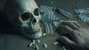 Schädel, Tabletten und Hand einer toten Person stock video footage Schädel, Tabletten und Hand einer toten Person stock video footage