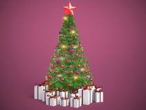 Schön verzierter Weihnachtsbaum mit Geschenken illustrat 3d stock abbildung Schön verzierter Weihnachtsbaum mit Geschenken illustrat 3d stock abbildung
