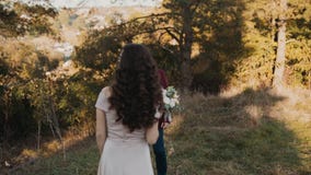 Schöne Braut kommt zu ihrem reizenden Bräutigam im goldenen Park stock footage Schöne Braut kommt zu ihrem reizenden Bräutigam im goldenen Park stock footage