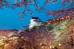 Schöne Frühlingslandschaft eines majestätischen japanischen Schlosses auf einen Hügel umgeben durch romantische Kirschblüte-Kirsc Stockfoto Schöne Frühlingslandschaft eines majestätischen japanischen Schlosses auf einen Hügel umgeben durch romantische Kirschblüte-Kirsc Stockfoto