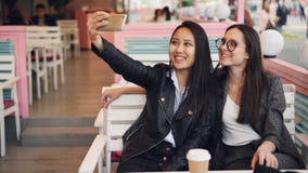 Schöne junge Frauen nehmen selfie im Café, das bei Tisch sitzt und intelligentes Telefon verwendet Attraktives kaukasisches Mädch stock video footage Schöne junge Frauen nehmen selfie im Café, das bei Tisch sitzt und intelligentes Telefon verwendet Attraktives kaukasisches Mädch stock video footage